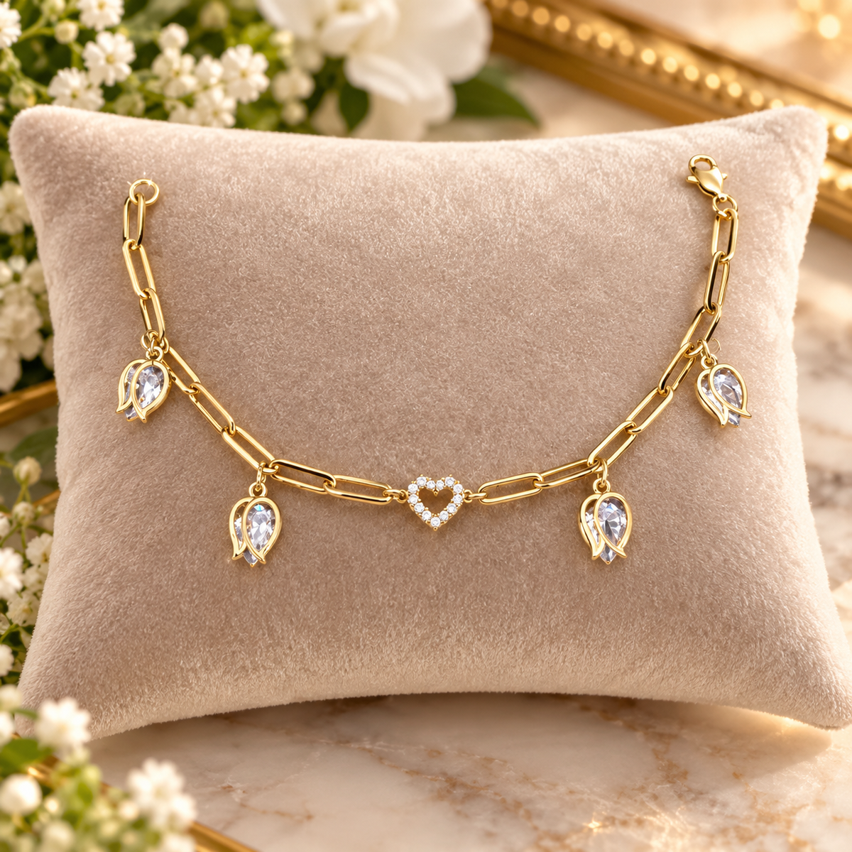 Gold Heart & Purple Crystal Charm Bracelet