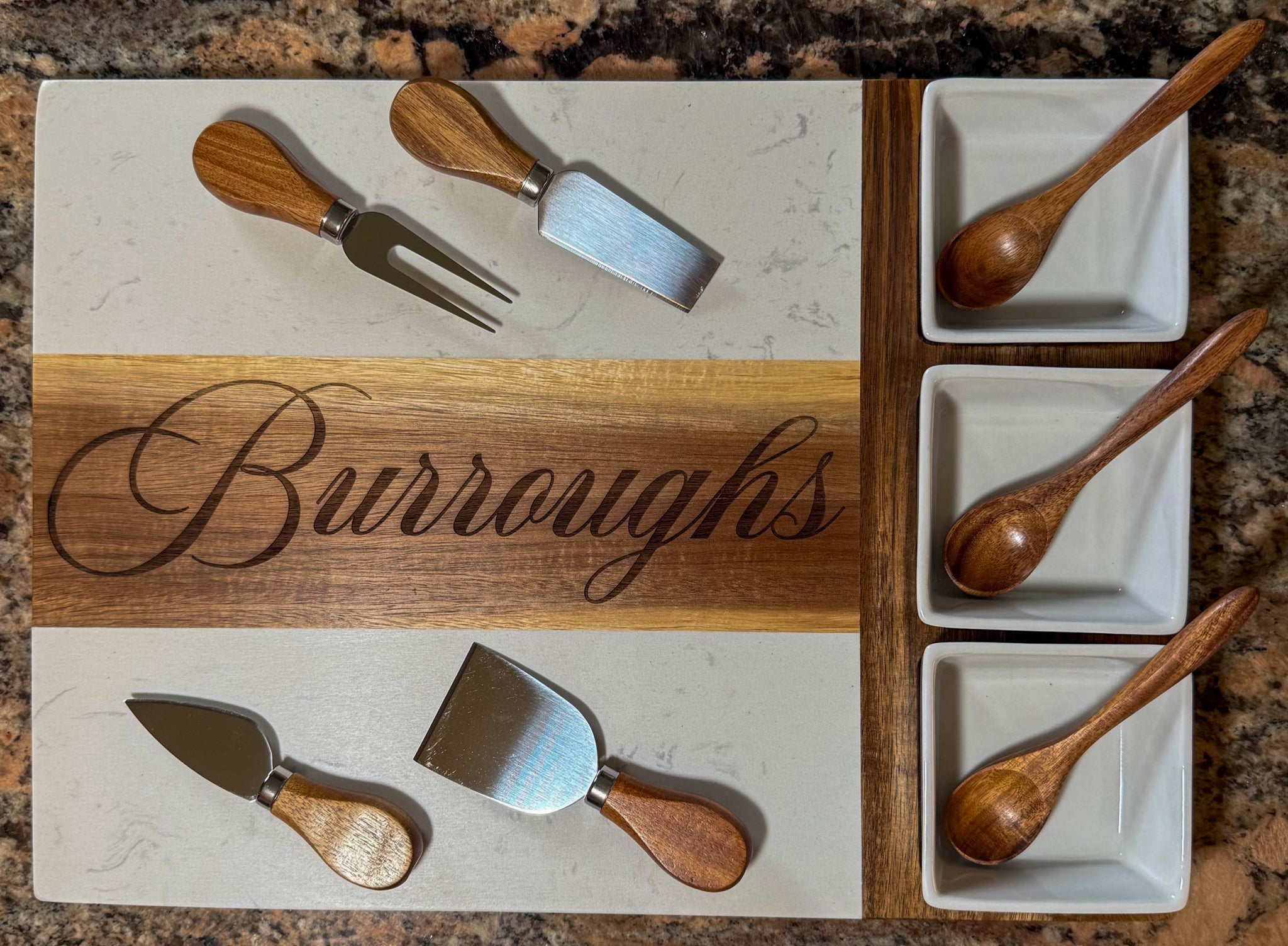Personalized Charcuterie Board with Cheese Tools & Serving Bowls