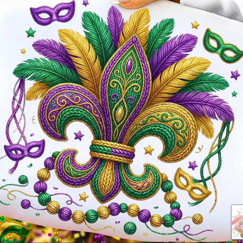 Decorative design with Mardi Gras elements including a fleur de lis, feathers, masks, and beads on a white background.