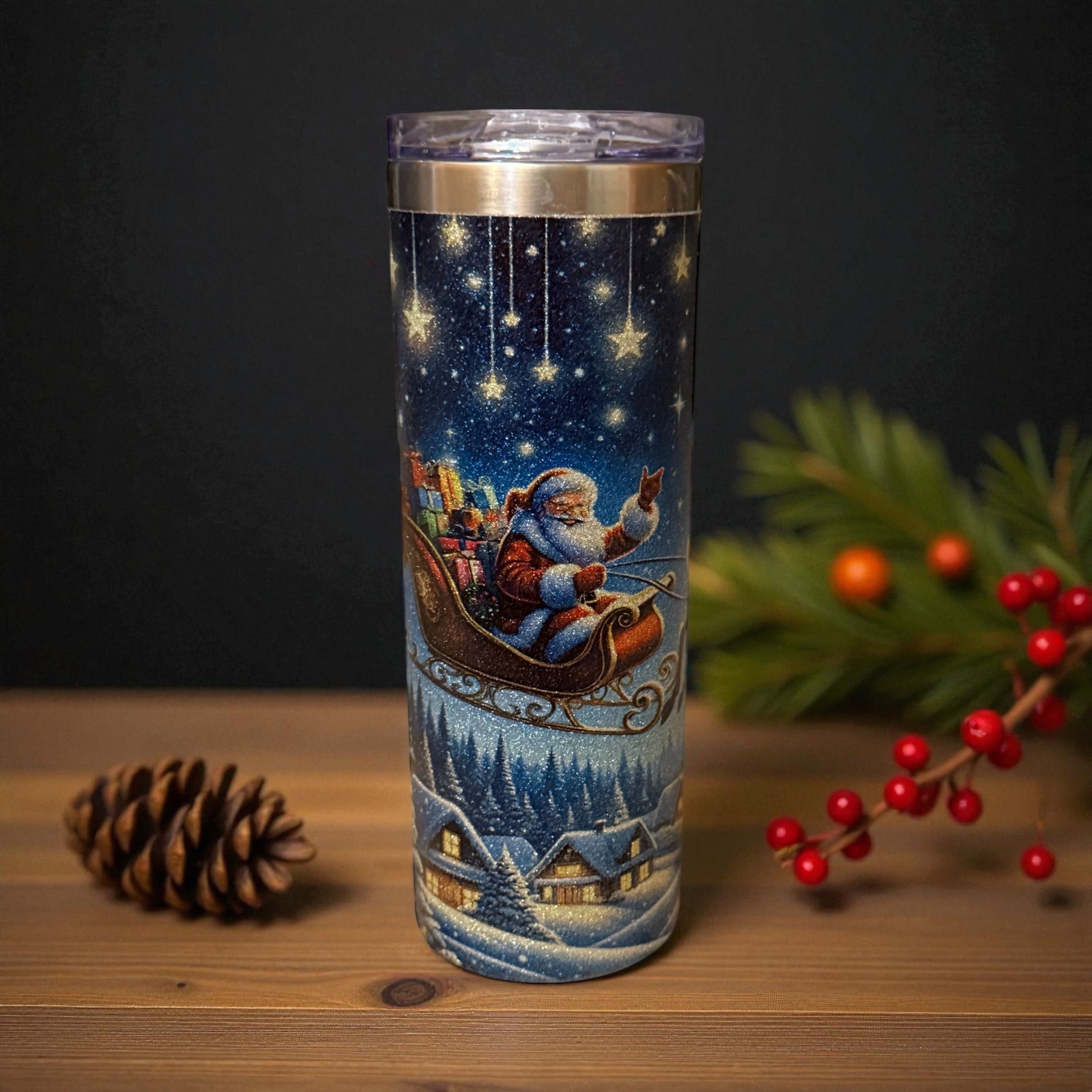20 oz Santa & Reindeer Glitter Tumbler