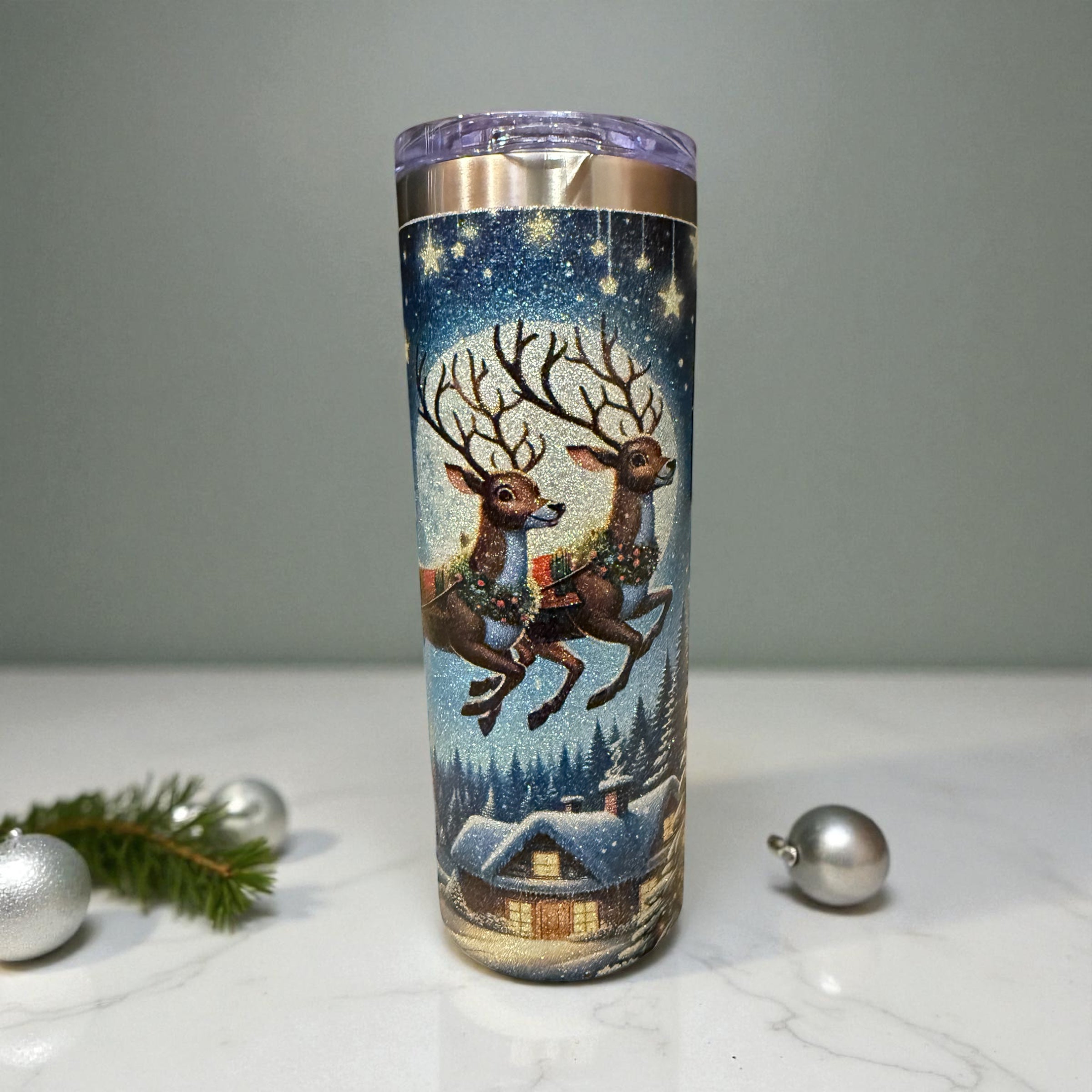 20 oz Santa & Reindeer Glitter Tumbler