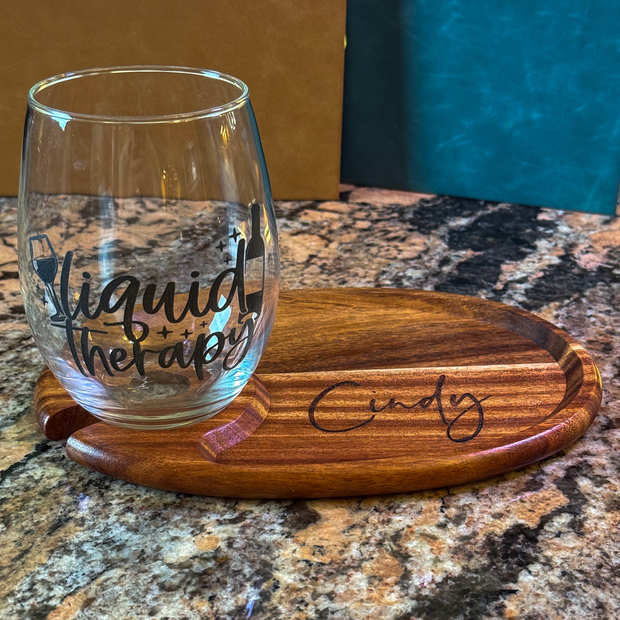Personalized Wine Appetizer Tray with Personalized Stemless Wine Glass
