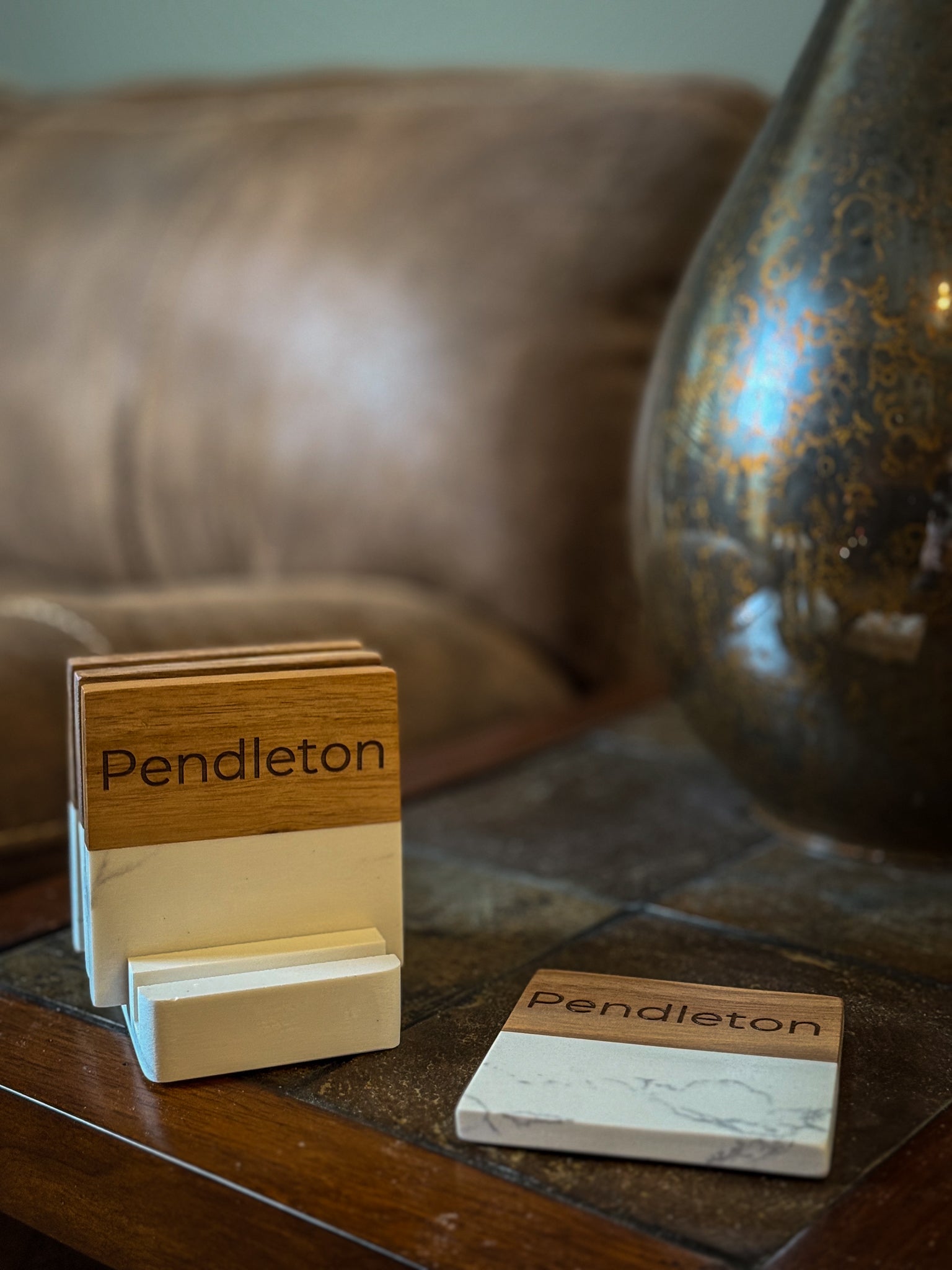 Personalized Wood and Marble Coaster Set with Stand